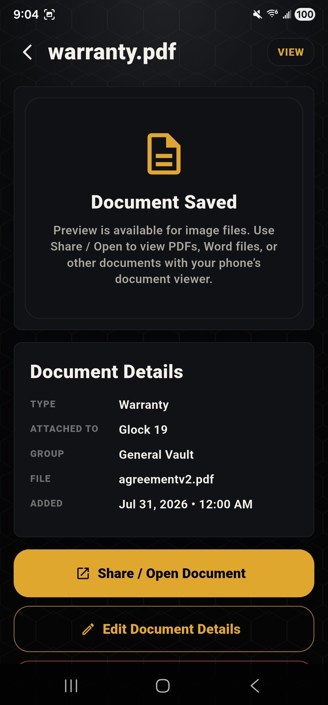 Warranty document attached to a firearm
